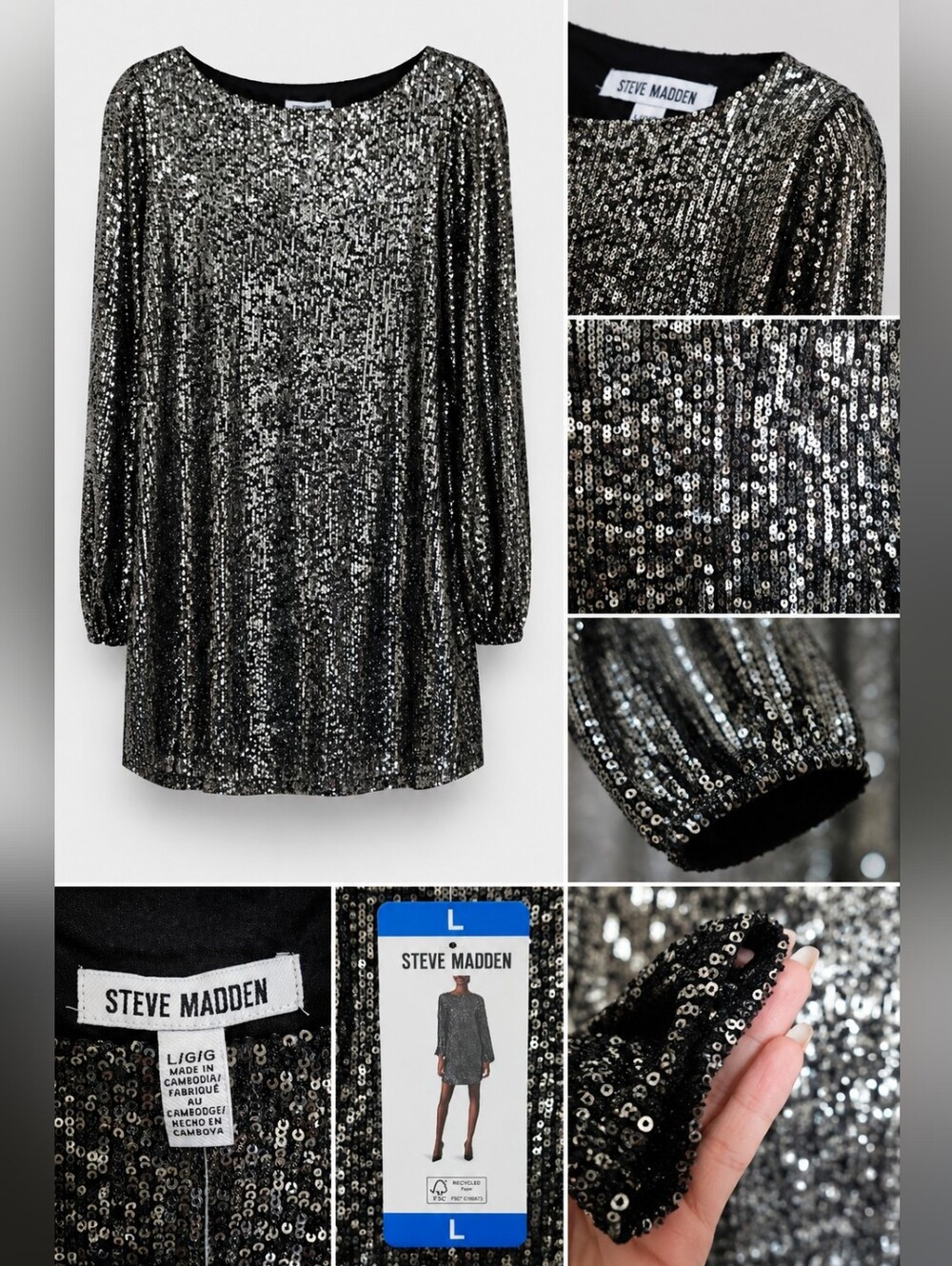 Steve Madden Sequin Mini Dress Women's Large Silver Black Long Sleeve.